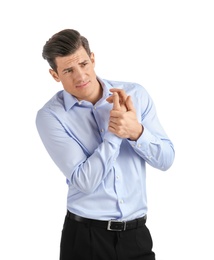 Photo of Young man suffering from pain in wrist on white background