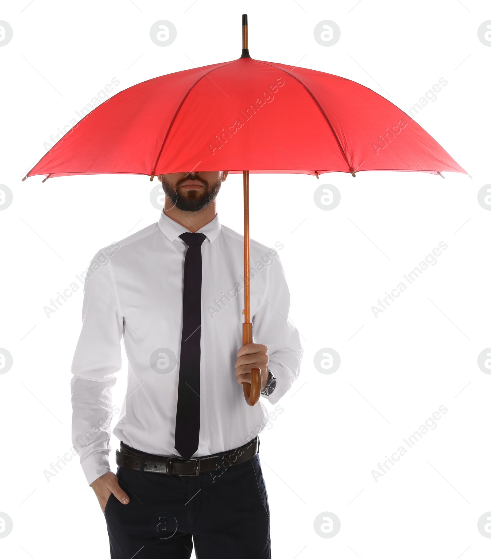 Photo of Businessman with red umbrella on white background