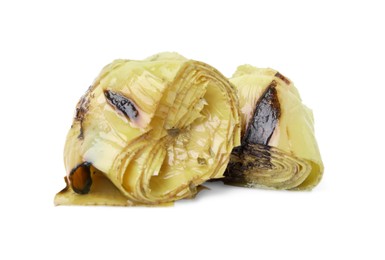 Photo of Delicious artichokes pickled in olive oil on white background