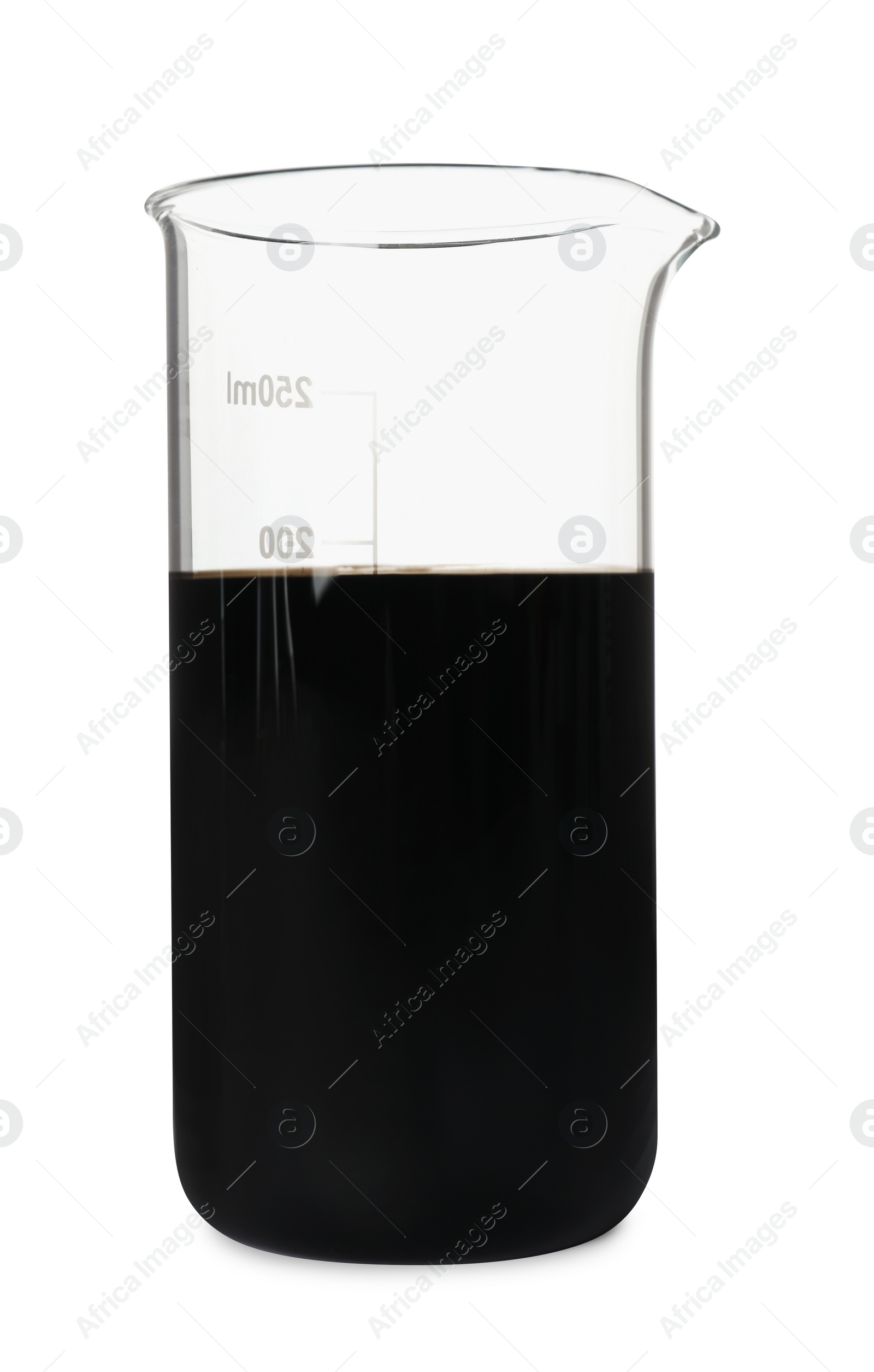 Photo of Beaker with black crude oil isolated on white