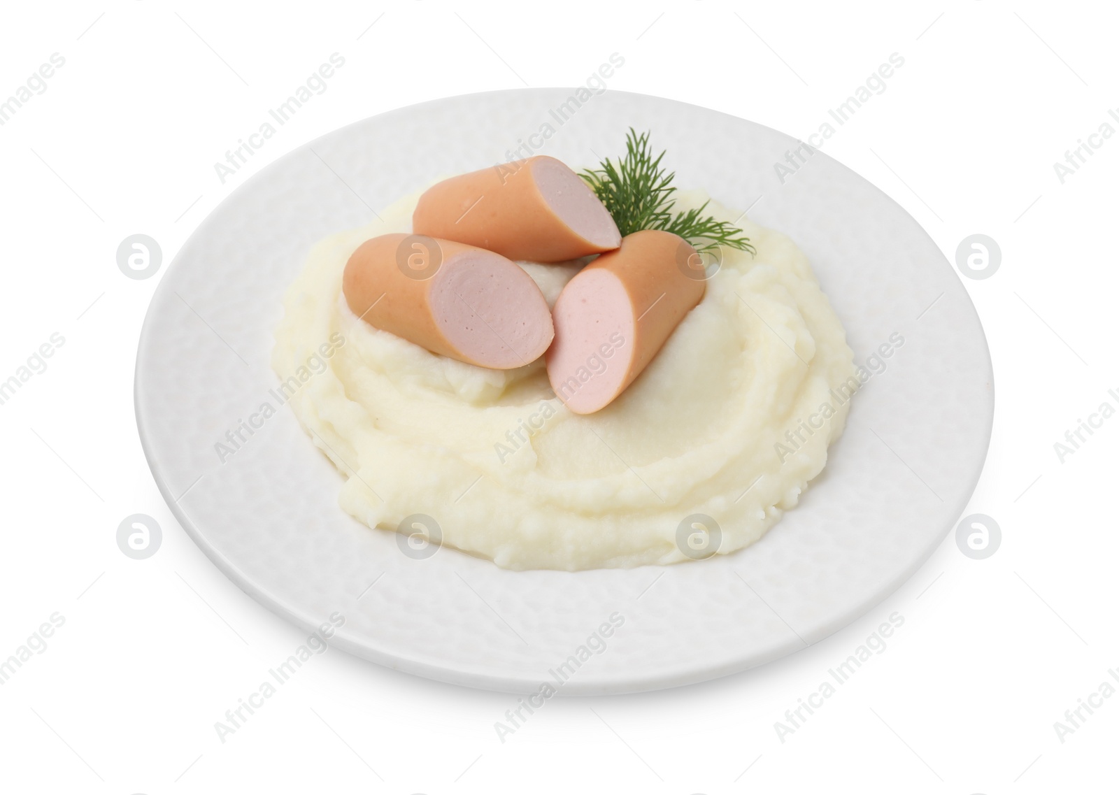 Photo of Delicious boiled sausages, mashed potato and dill isolated on white