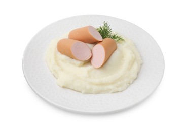 Photo of Delicious boiled sausages, mashed potato and dill isolated on white