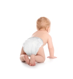 Cute little baby crawling on white background