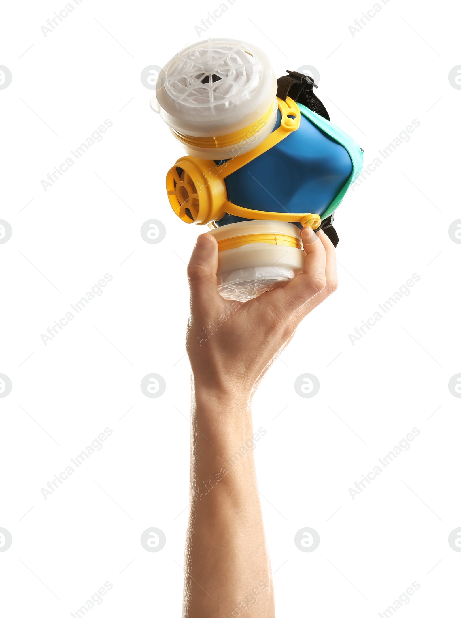 Photo of Man holding respirator mask on white background. Construction tools