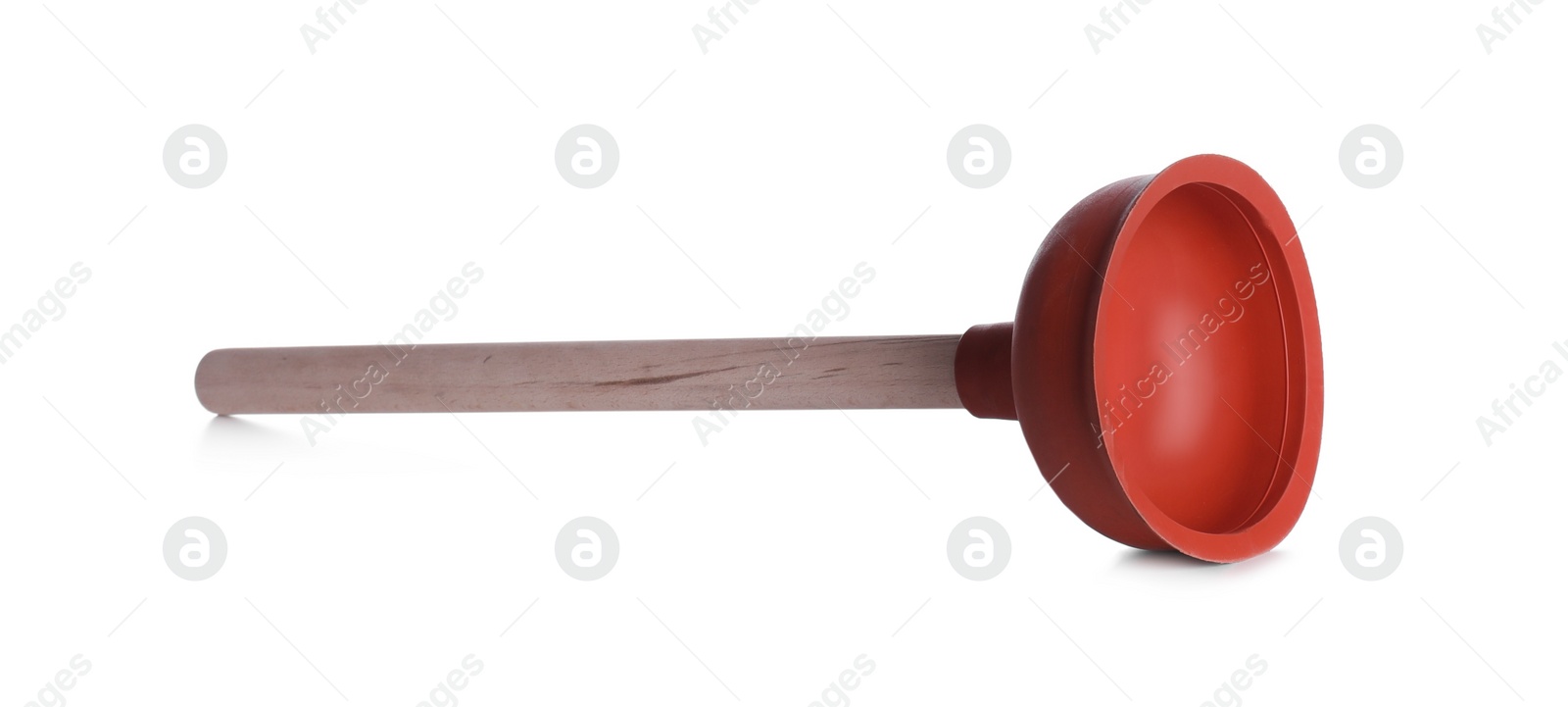 Photo of Plunger with wooden handle isolated on white. Pipe cleaning tool