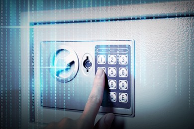 Image of Woman pressing buttons on keypad to open steel safe, closeup. Binary code symbolizing digital lock system