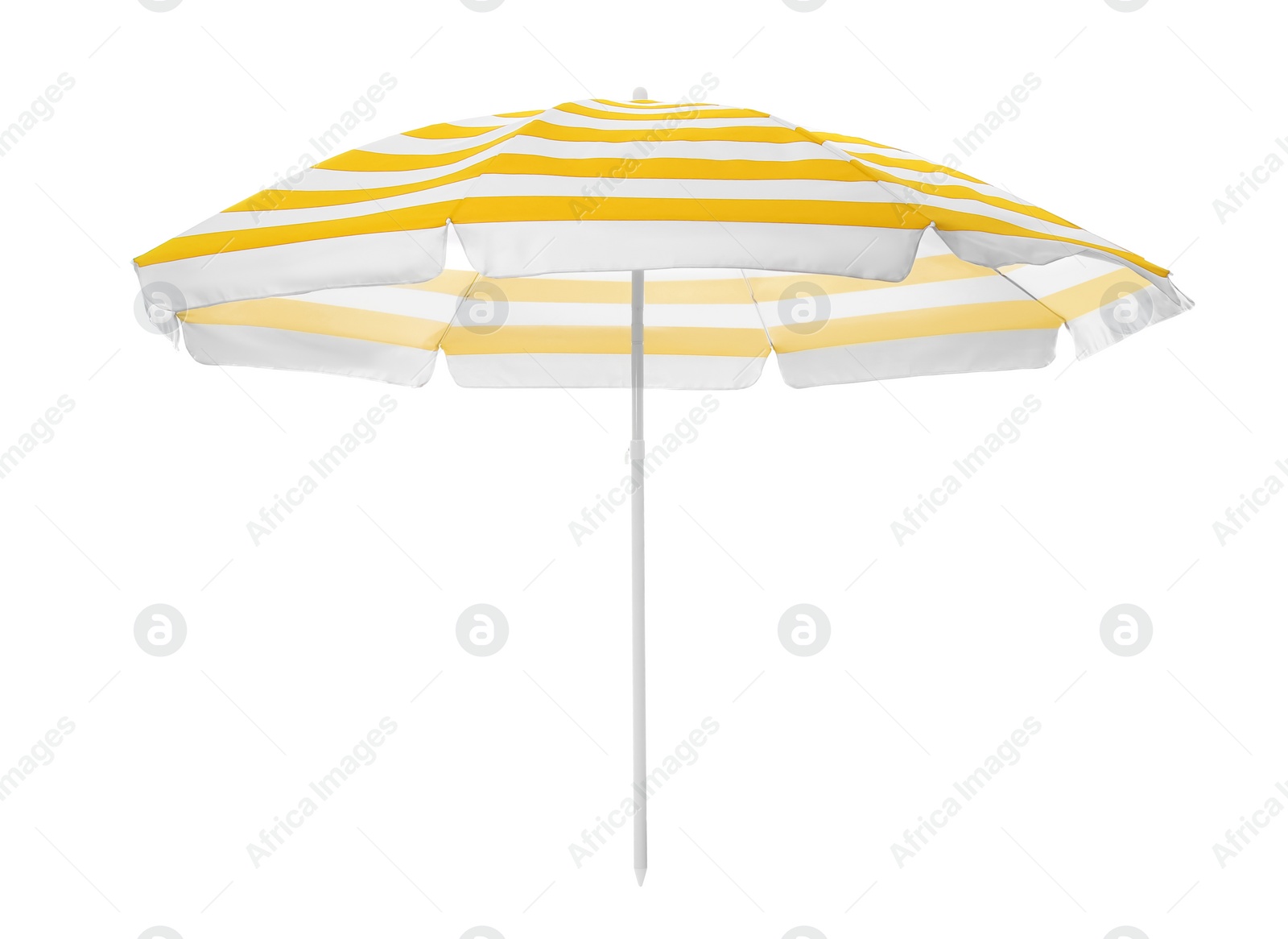 Image of Open striped beach umbrella isolated on white