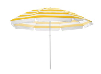 Open striped beach umbrella isolated on white