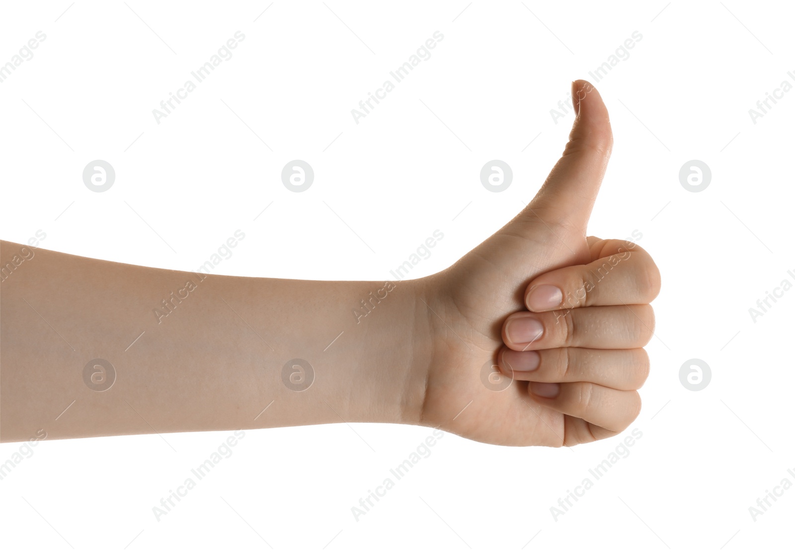 Photo of Woman showing thumb up isolated on white, closeup