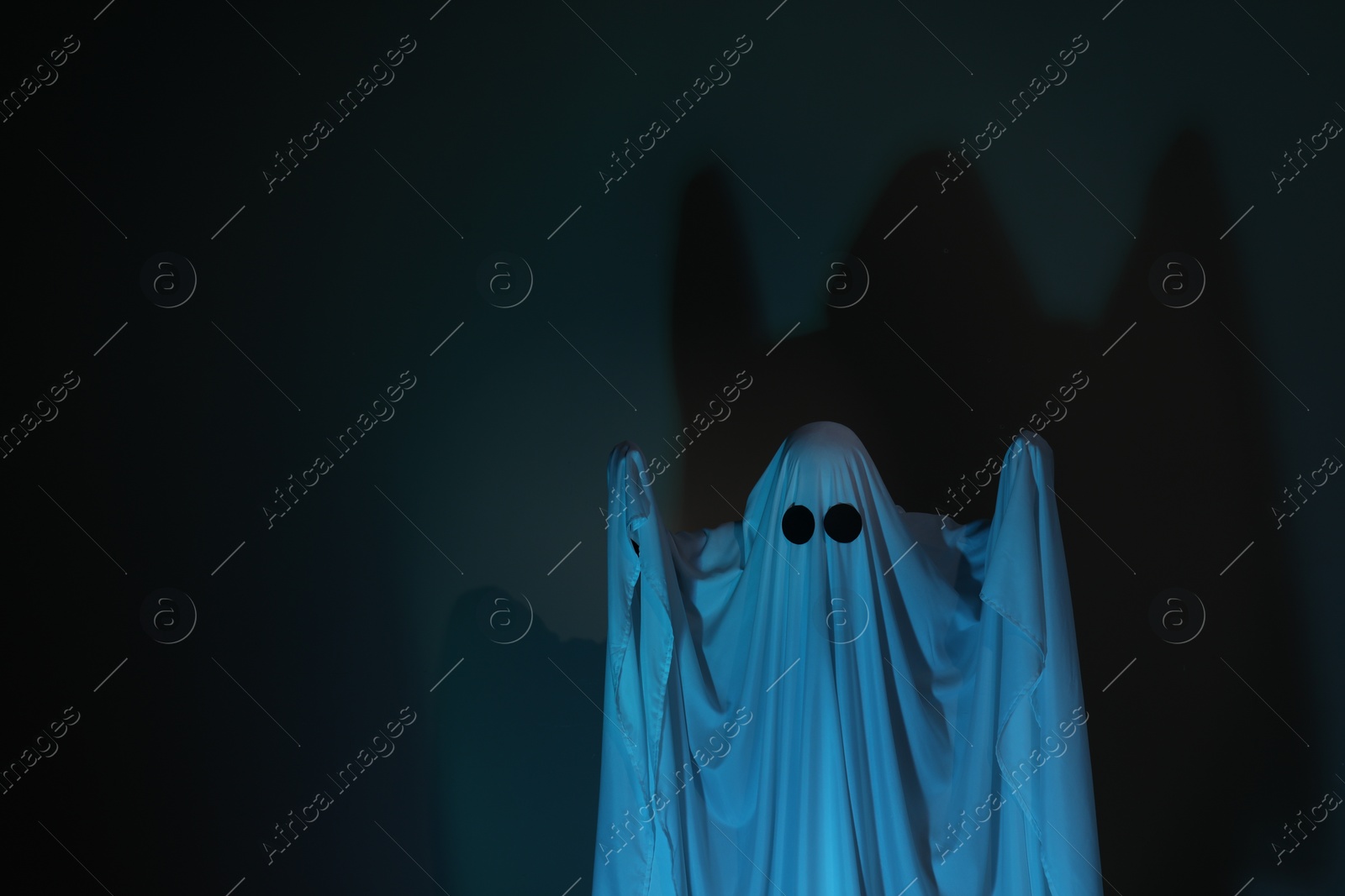 Photo of Creepy ghost. Woman covered with sheet on dark background, space for text