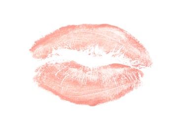 Coral lipstick kiss mark isolated on white