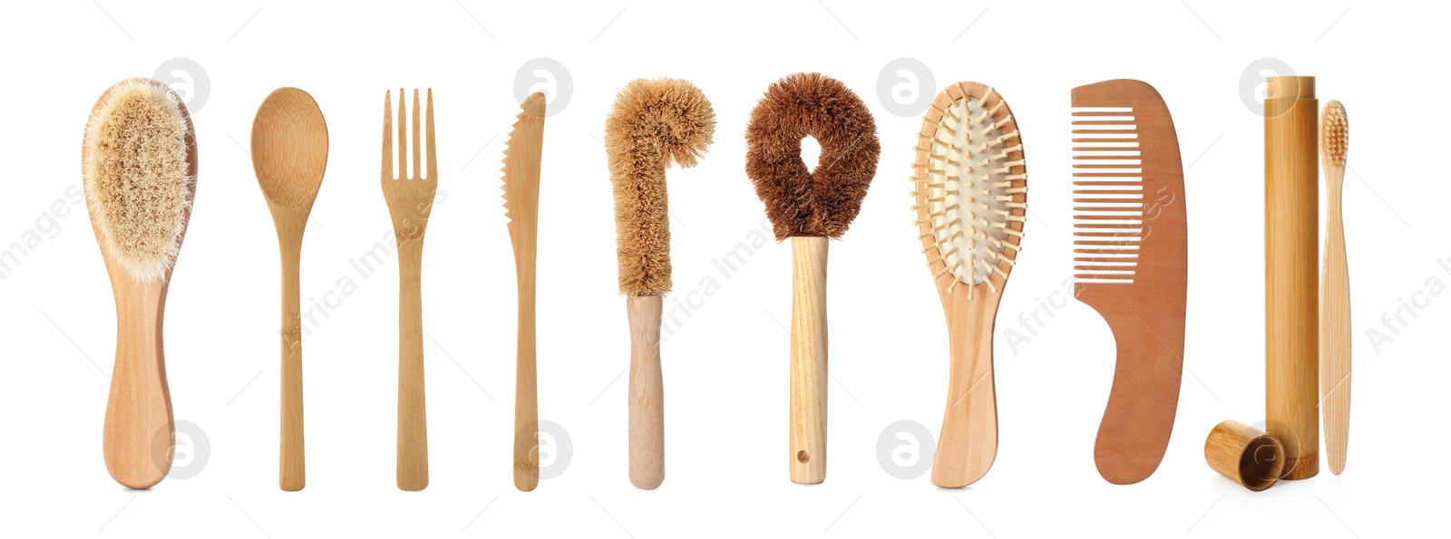 Image of Set with different eco friendly stuff on white background, banner design. Conscious consumption