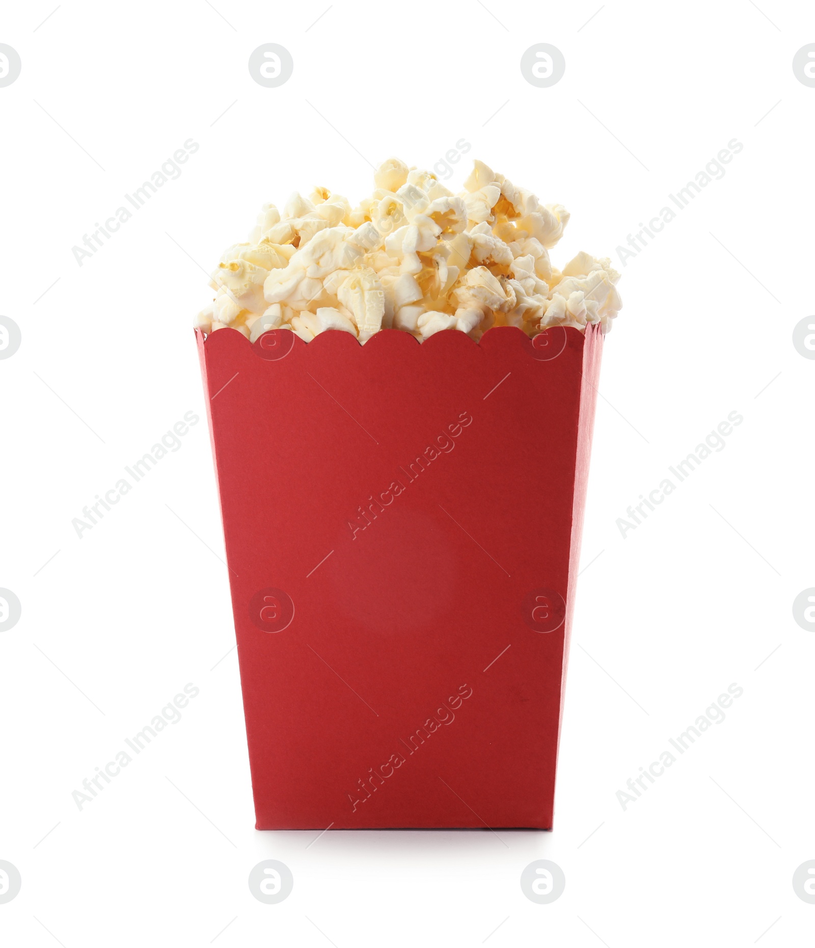 Photo of Red bucket with delicious popcorn on white background