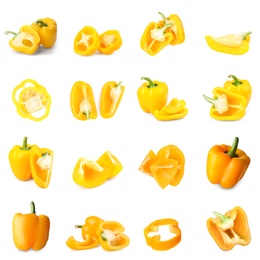 Image of Set of cut and whole yellow bell peppers on white background