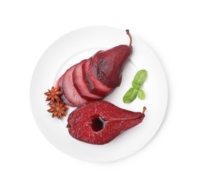 Tasty red wine poached pear isolated on white, top view