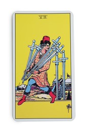 Photo of Seven of Swords isolated on white. Tarot card