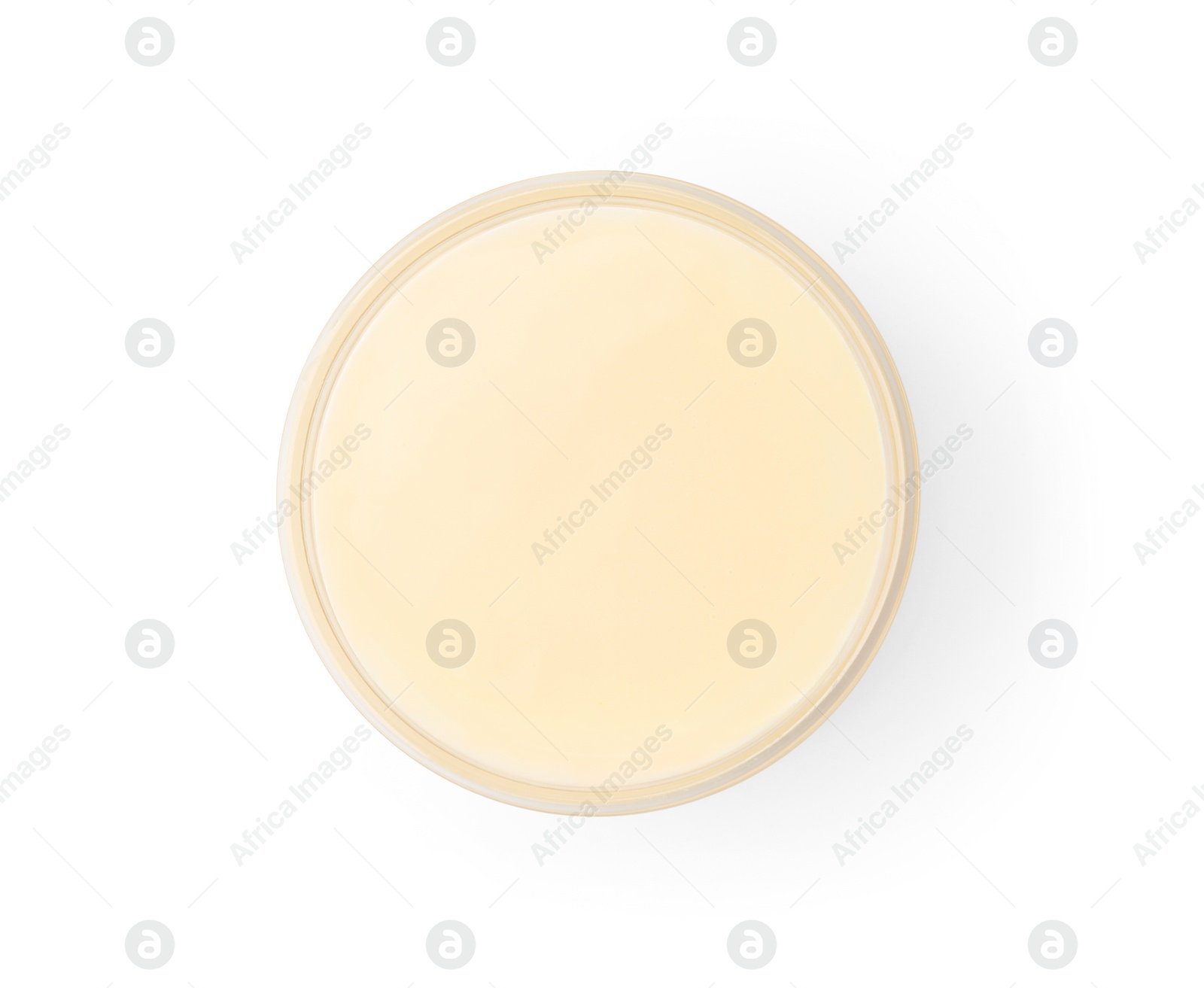 Photo of Bowl with condensed milk isolated on white, top view