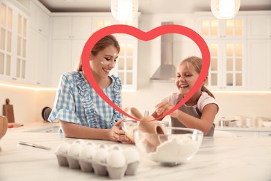 Image of Illustration of red heart and happy mother with daughter making dough together in kitchen
