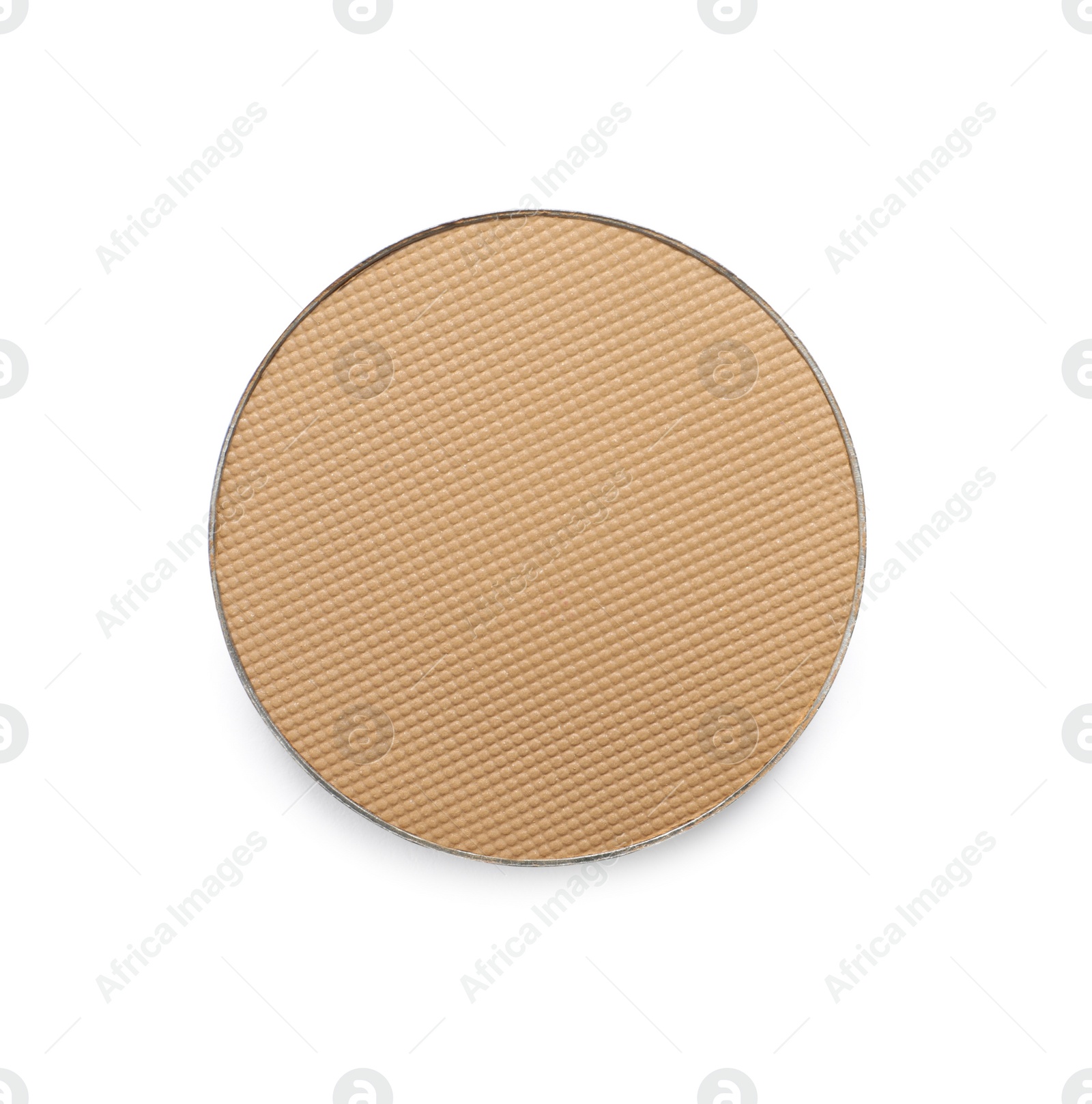 Photo of Beige eye shadow on white background, top view. Decorative cosmetics