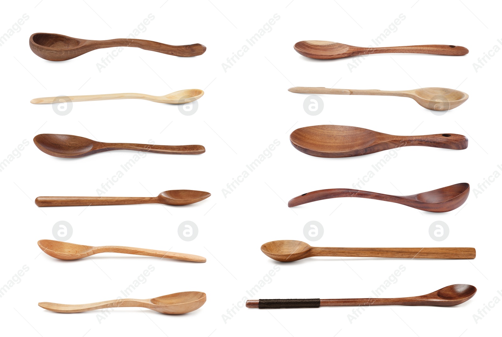 Image of Wooden spoons on white background, collage. Cooking utensil