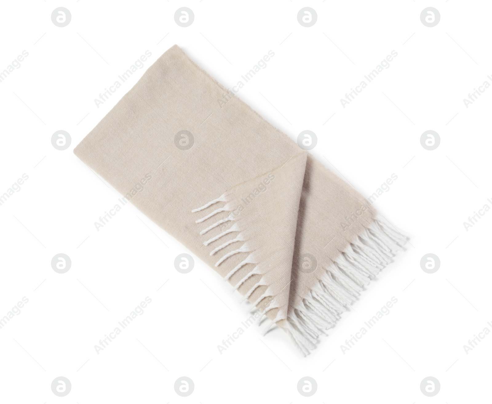 Photo of Beautiful beige blanket isolated on white, top view