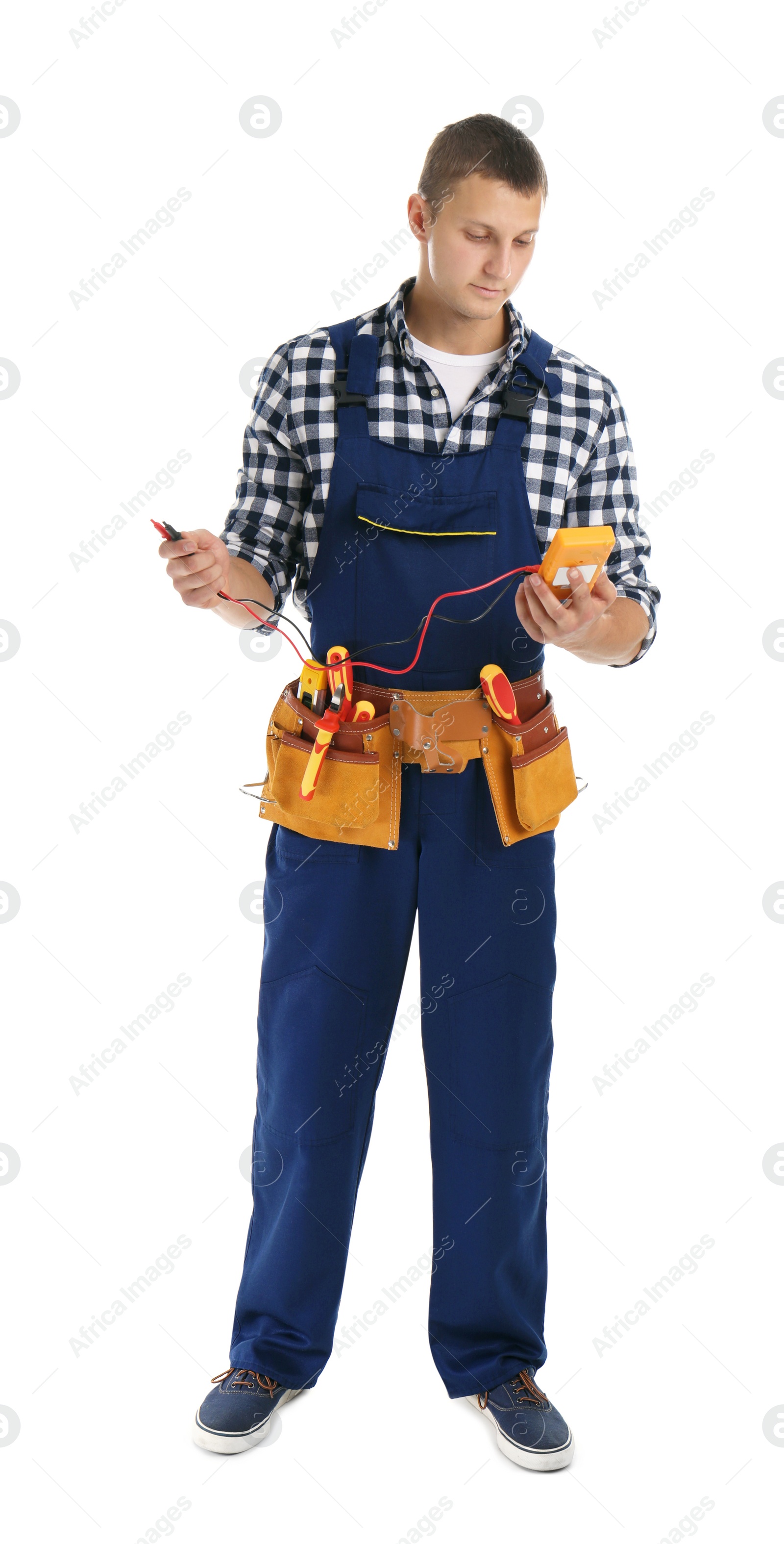 Photo of Electrician with multimeter wearing uniform on white background