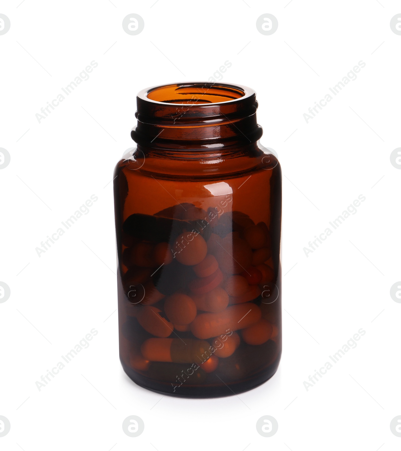Photo of Plastic medical bottle with many pills isolated on white