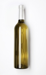 Photo of Bottle of delicious wine on white background