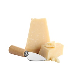 Pieces of Parmesan cheese and knife on white background