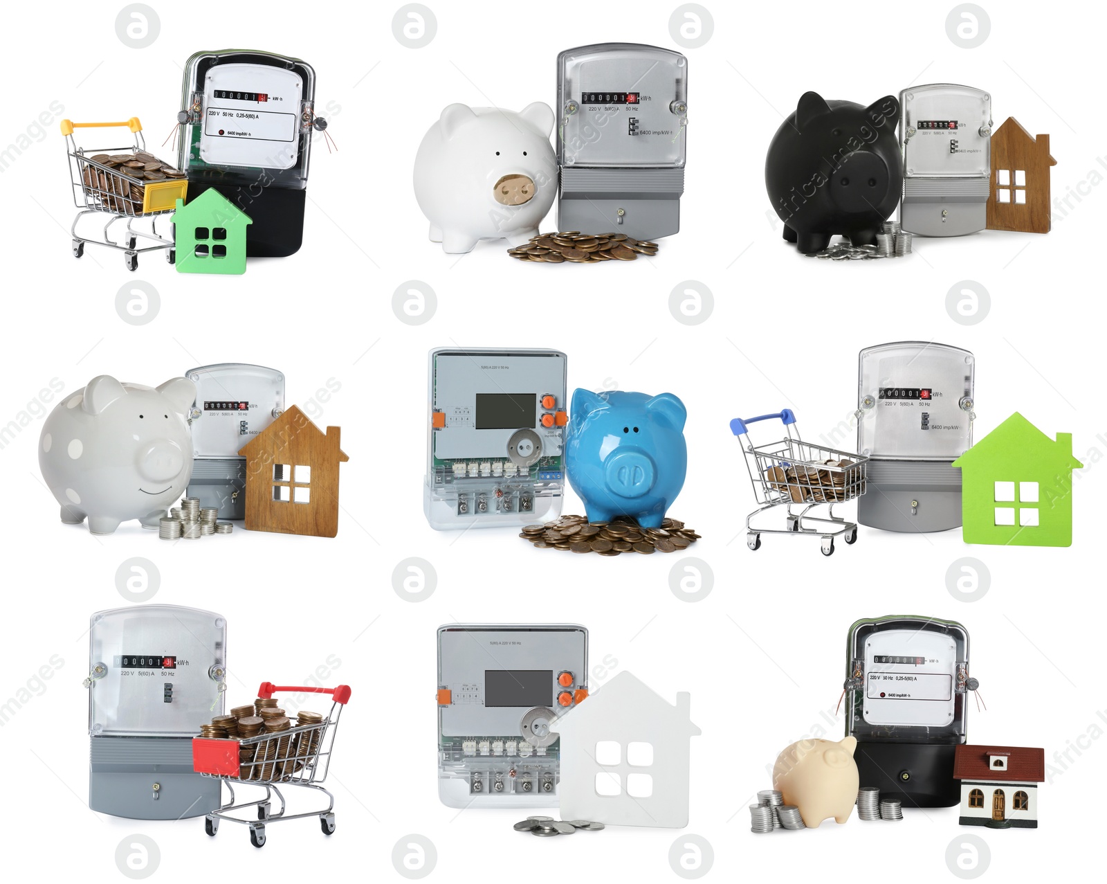 Image of Set of different electricity meters, house models, piggy banks and stacked coins on white background