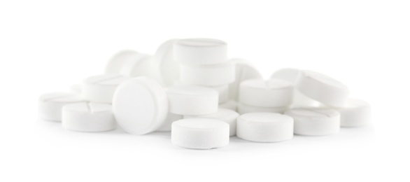 Photo of Pile of pills on white background. Medical treatment