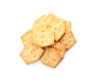 Photo of Crispy crackers isolated on white, above view. Delicious snack