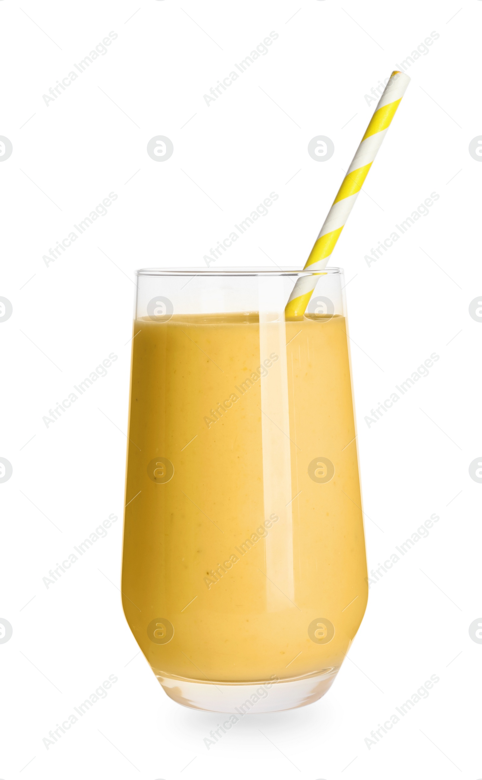 Photo of Tasty organic smoothie in glass isolated on white