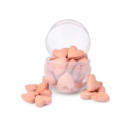 Heart shaped vitamins with container for pets isolated on white
