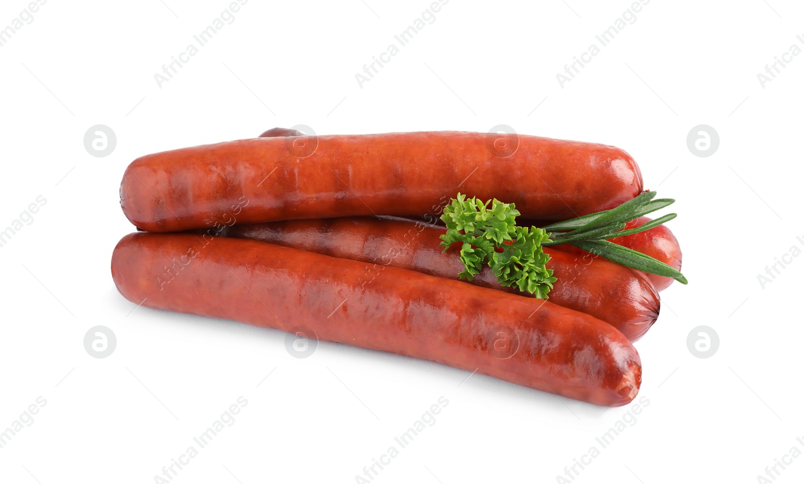 Photo of Delicious grilled sausages on white background. Barbecue food