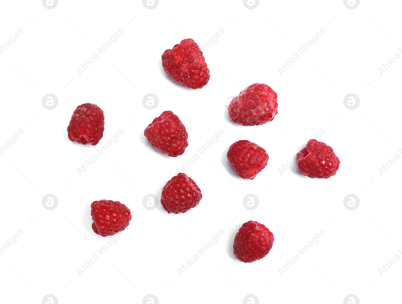 Photo of Delicious ripe raspberries on white background, top view