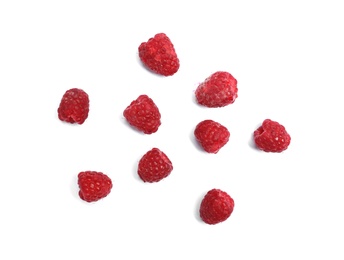 Photo of Delicious ripe raspberries on white background, top view