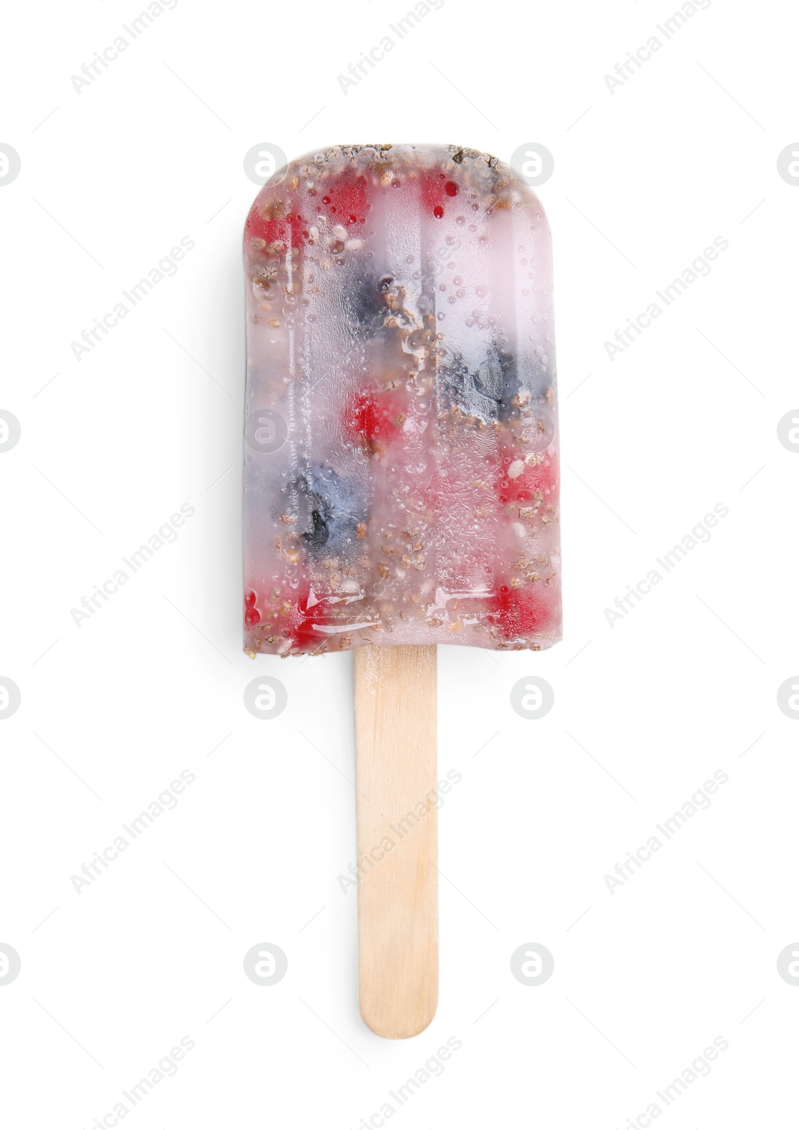 Photo of Tasty berry popsicle isolated on white, top view