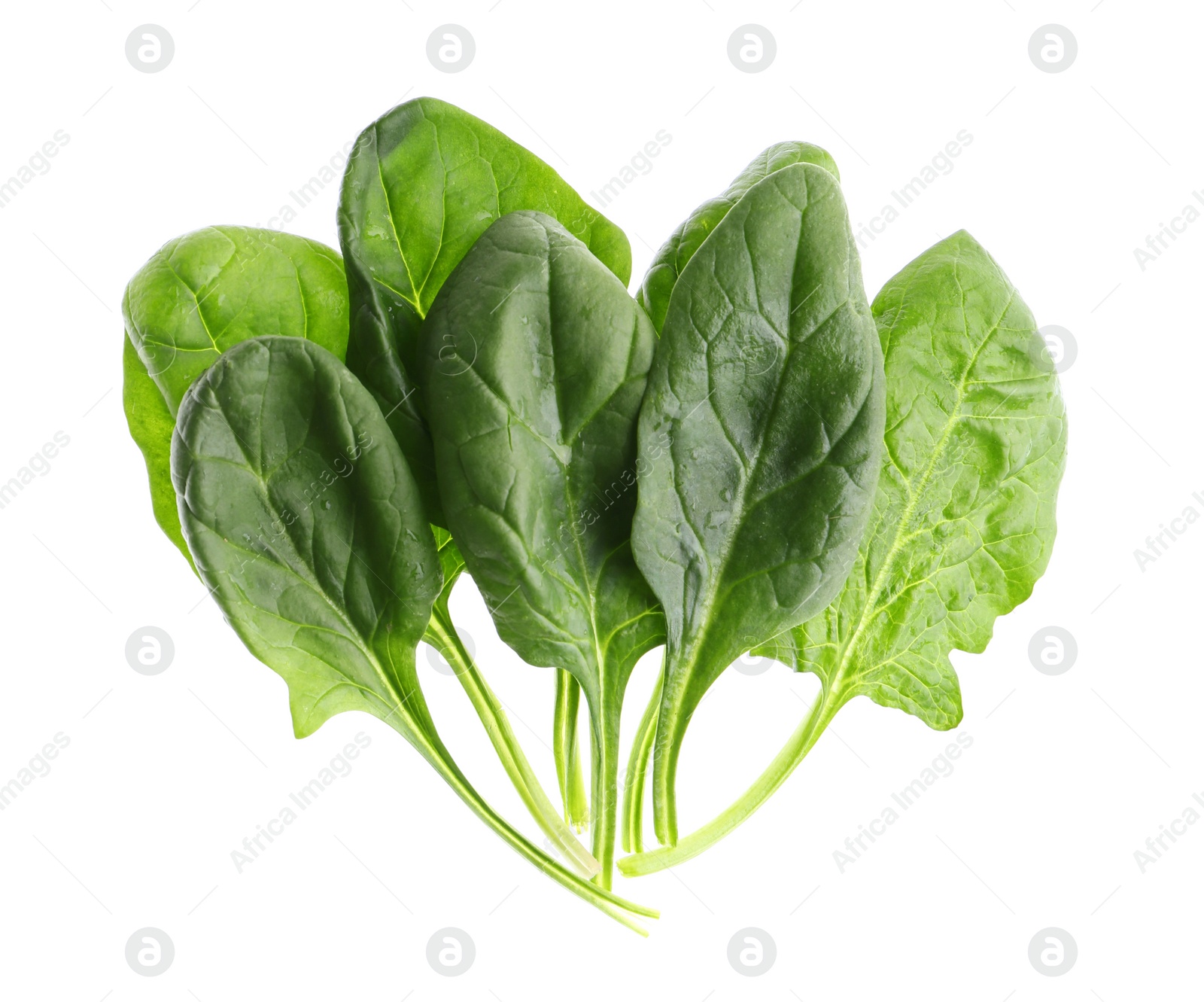 Photo of Fresh green healthy spinach leaves isolated on white, top view