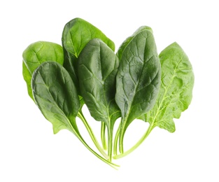 Fresh green healthy spinach leaves isolated on white, top view