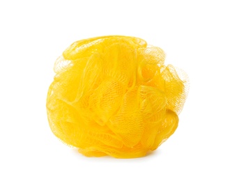 Photo of New yellow shower puff isolated on white