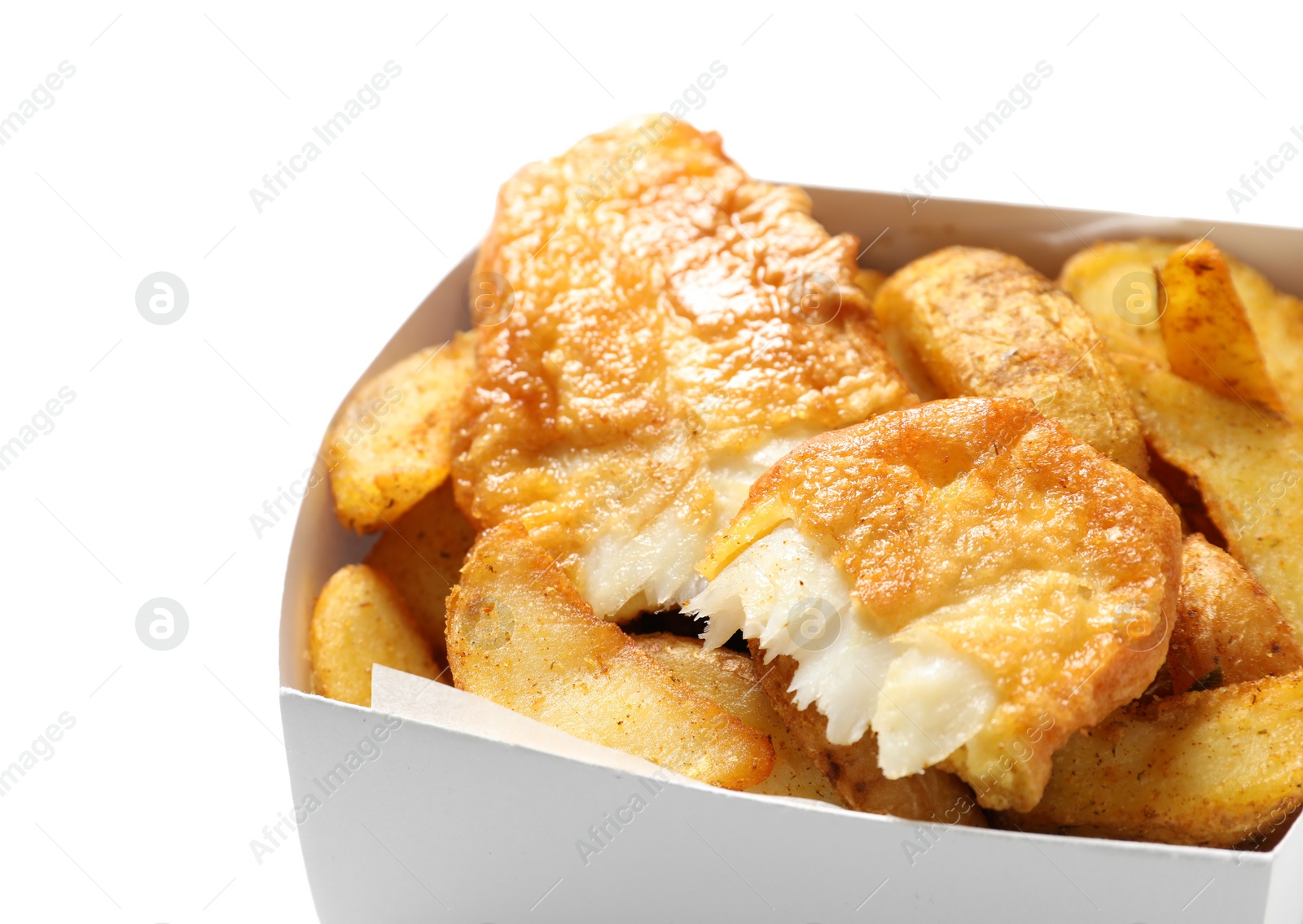 Photo of Disposable container with British Traditional Fish and potato chips on white background