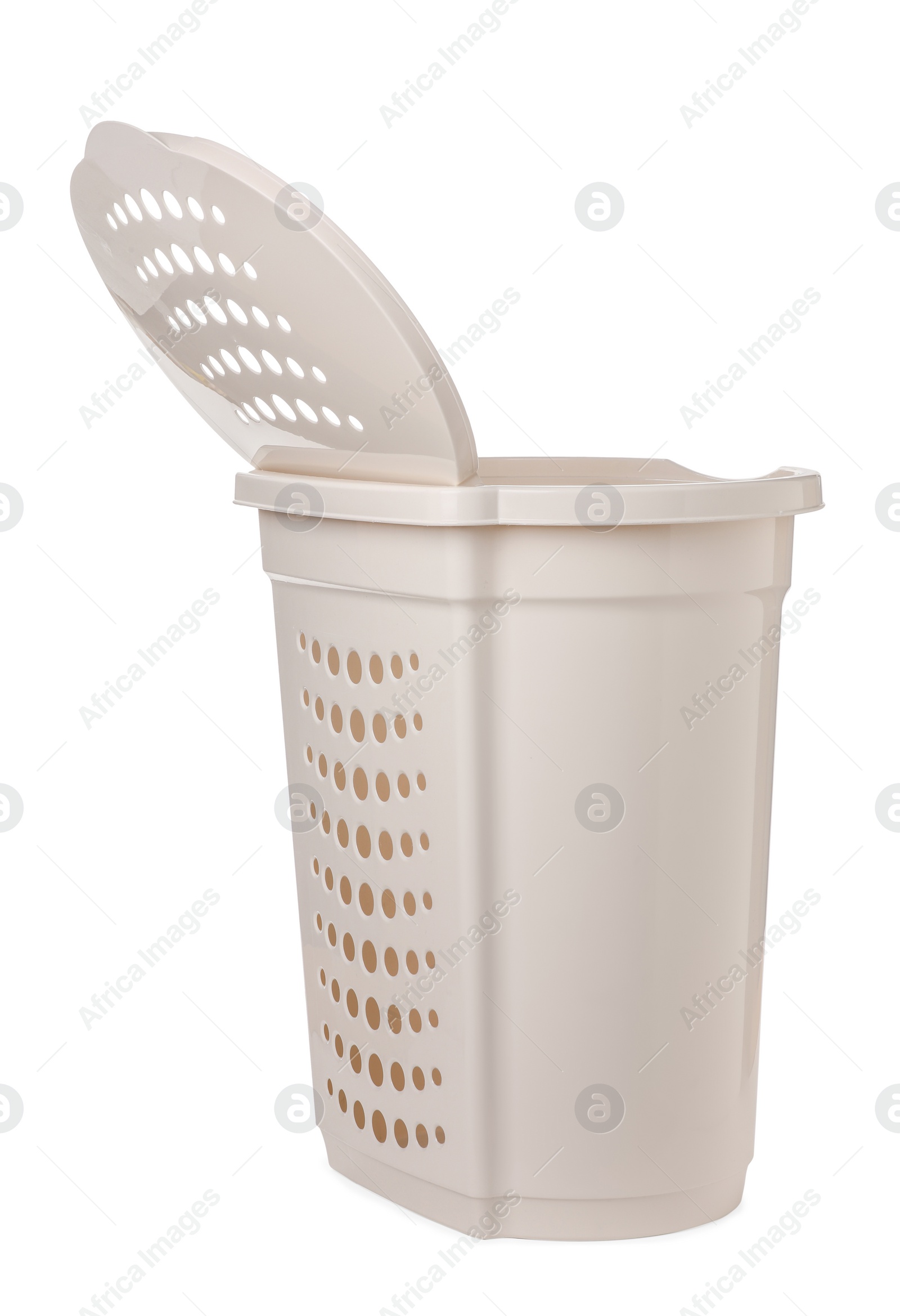 Photo of Open empty laundry basket isolated on white