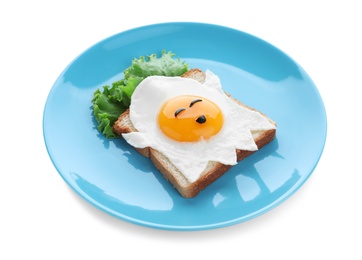 Photo of Halloween themed breakfast isolated on white. Tasty toast with fried egg in shape of ghost