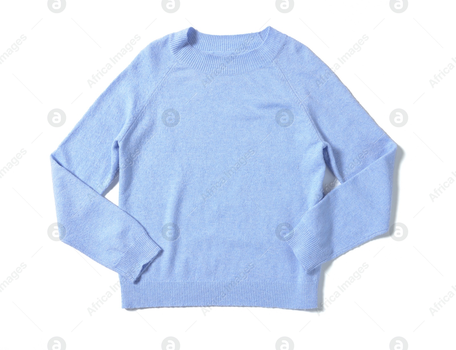 Photo of Stylish light blue sweater isolated on white, top view