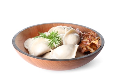 Photo of Bowl of tasty cooked dumplings isolated on white