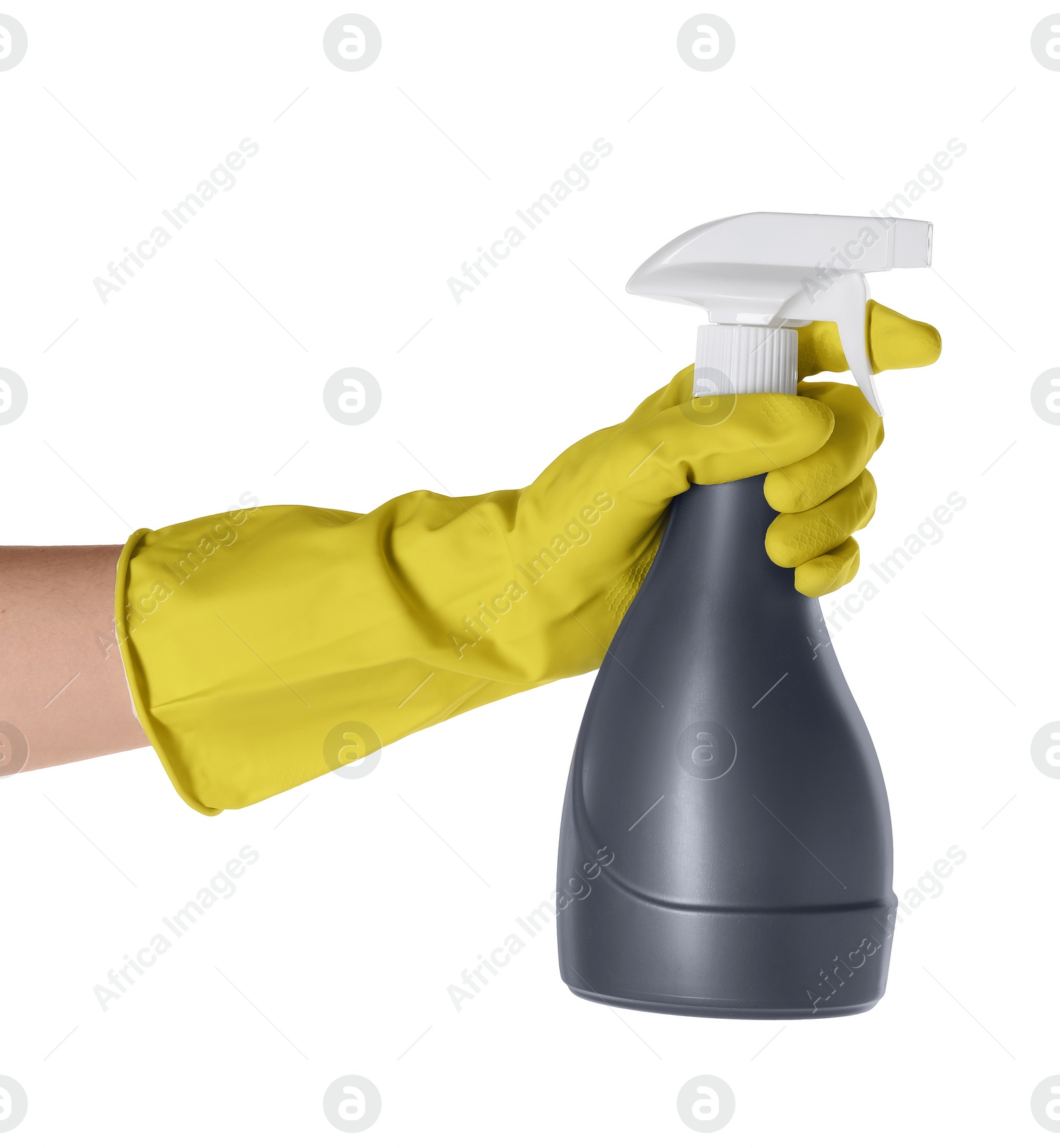 Photo of Woman holding plastic spray bottle isolated on white, closeup