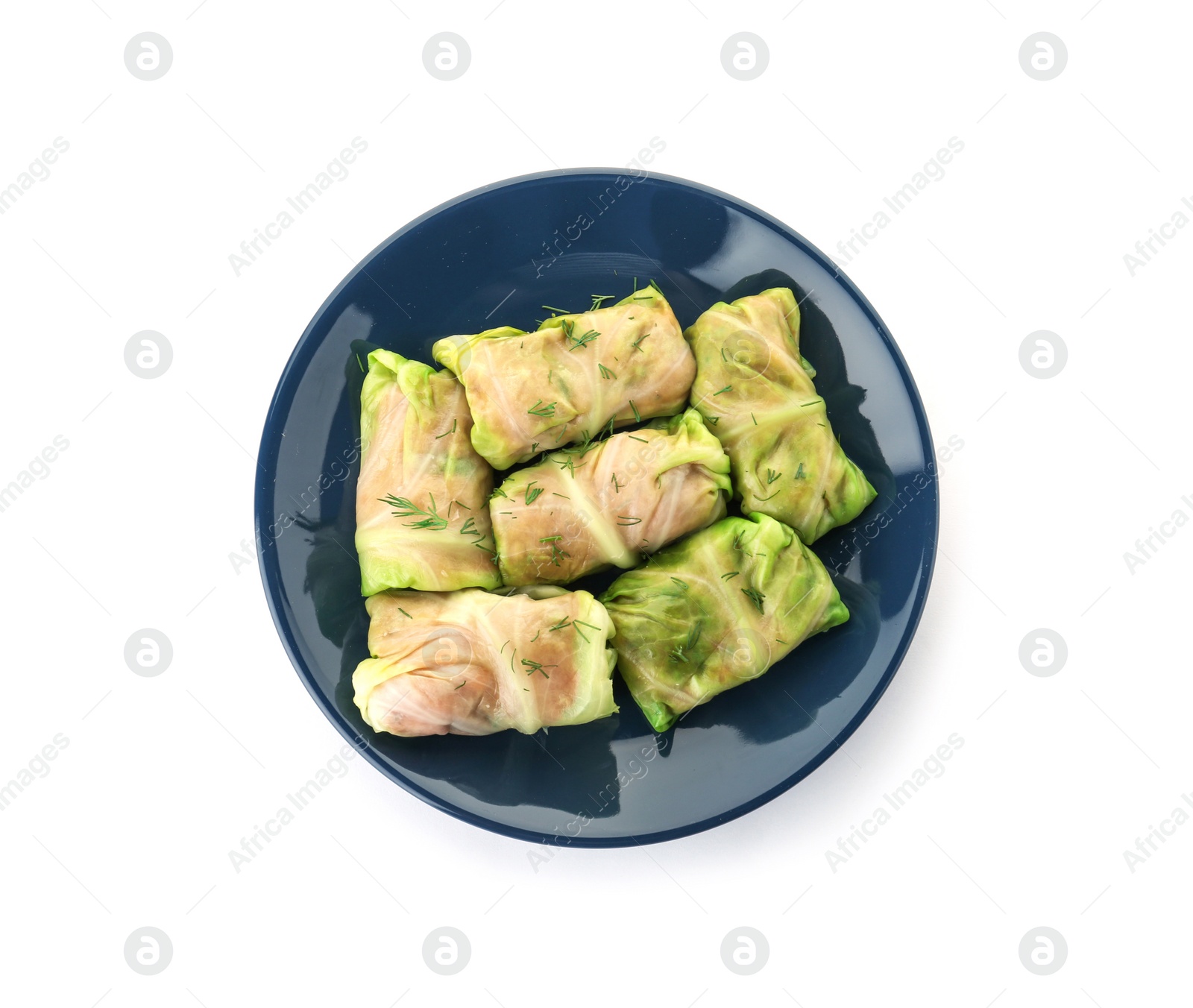 Photo of Plate with delicious cabbage rolls on white background, top view