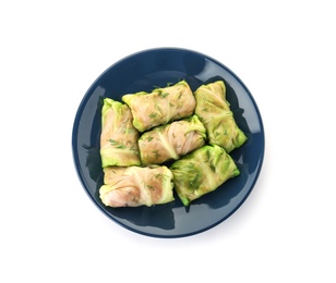 Photo of Plate with delicious cabbage rolls on white background, top view