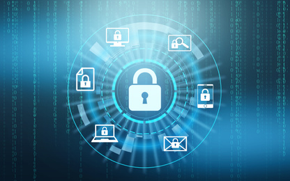 Illustration of Cyber security concept. Scheme with padlock illustration and binary code on background